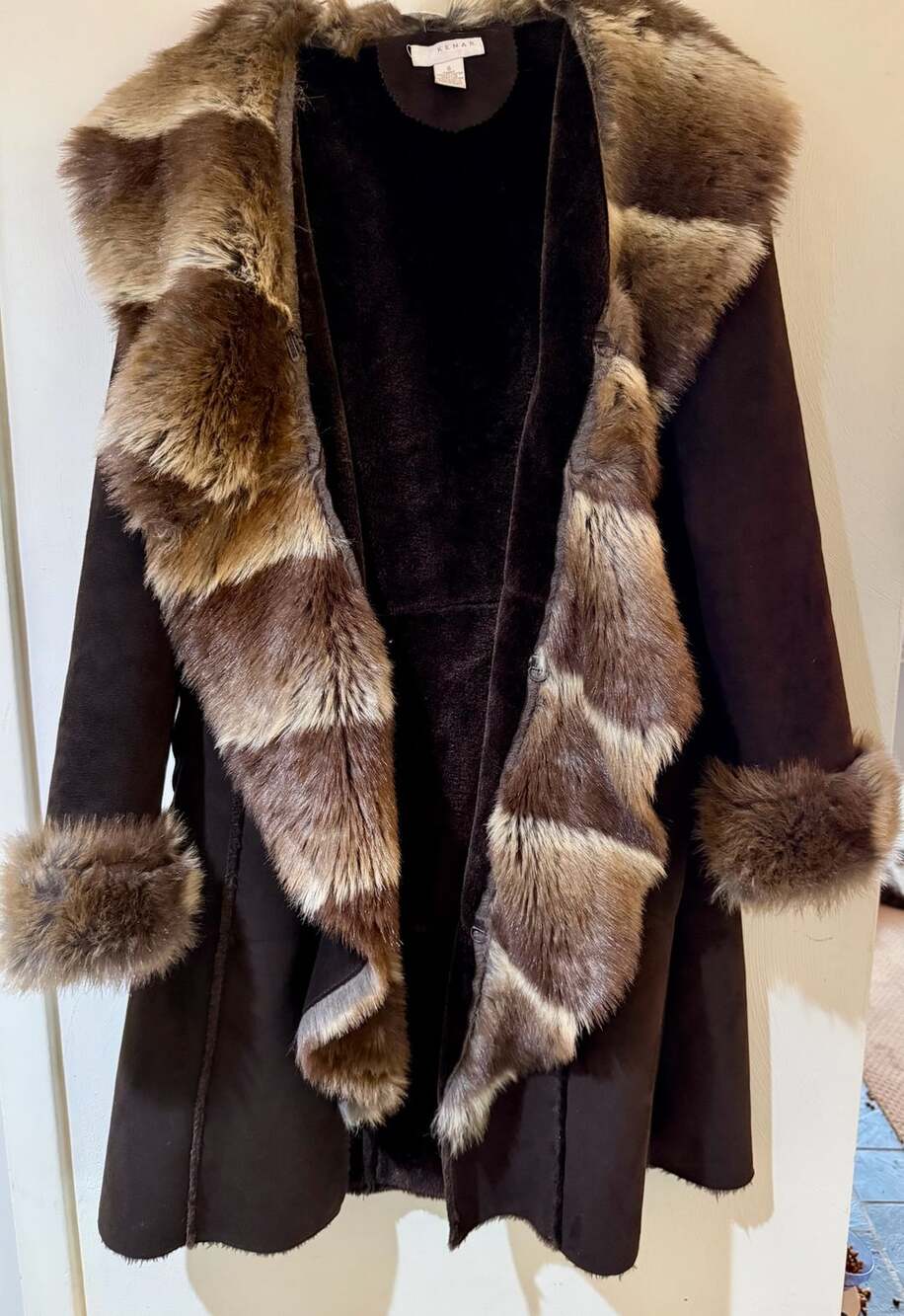 Kenar Faux Fur Penny Lane Coat Womens S Brown Y2K Boho Long Winter Jacket